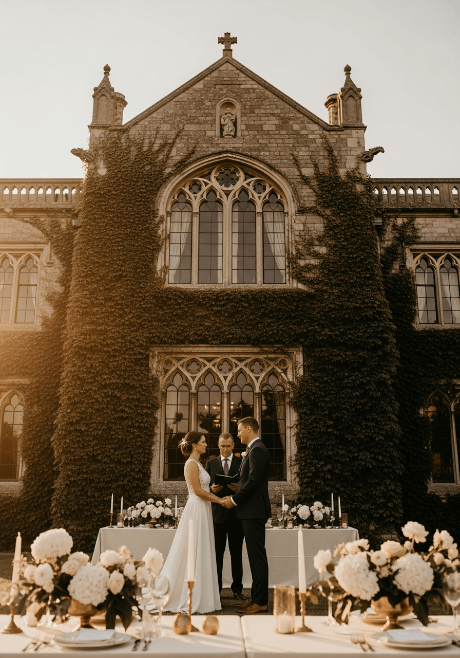 Intimate view of couple exchanging vows with heritage estate architecture and manicured gardens as backdrop