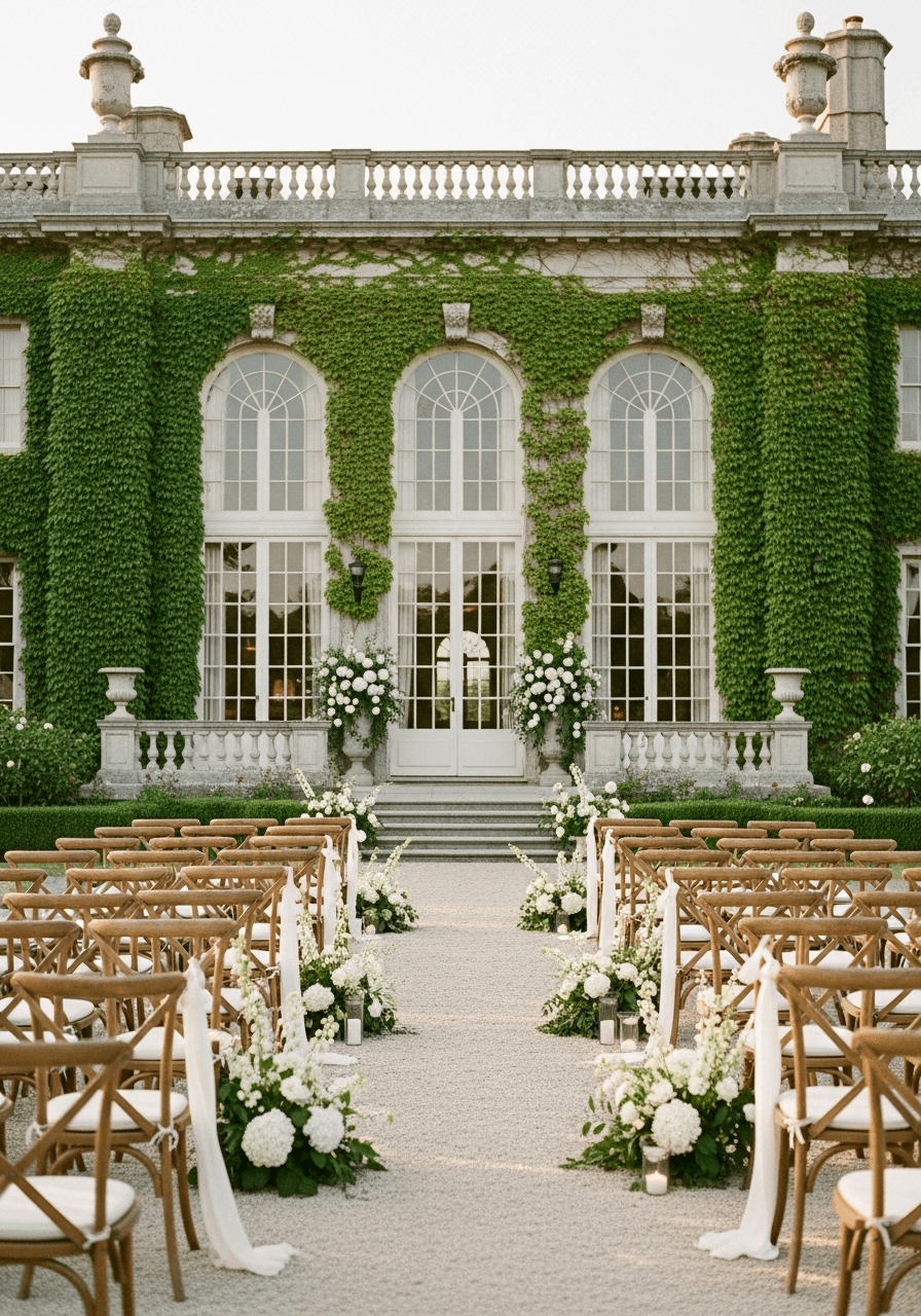 Wedding ceremony setup in front of grand estate's ivy-covered stone facade with elegant wooden chairs during golden hour