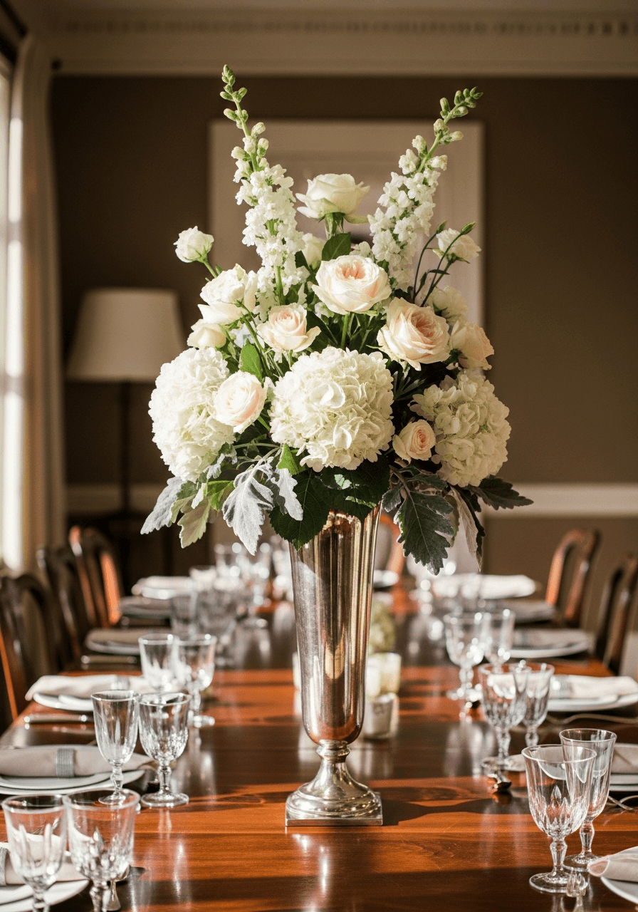Tall floral centrepiece with white hydrangeas and cream roses in antique silver compote on mahogany dining table during golden hour