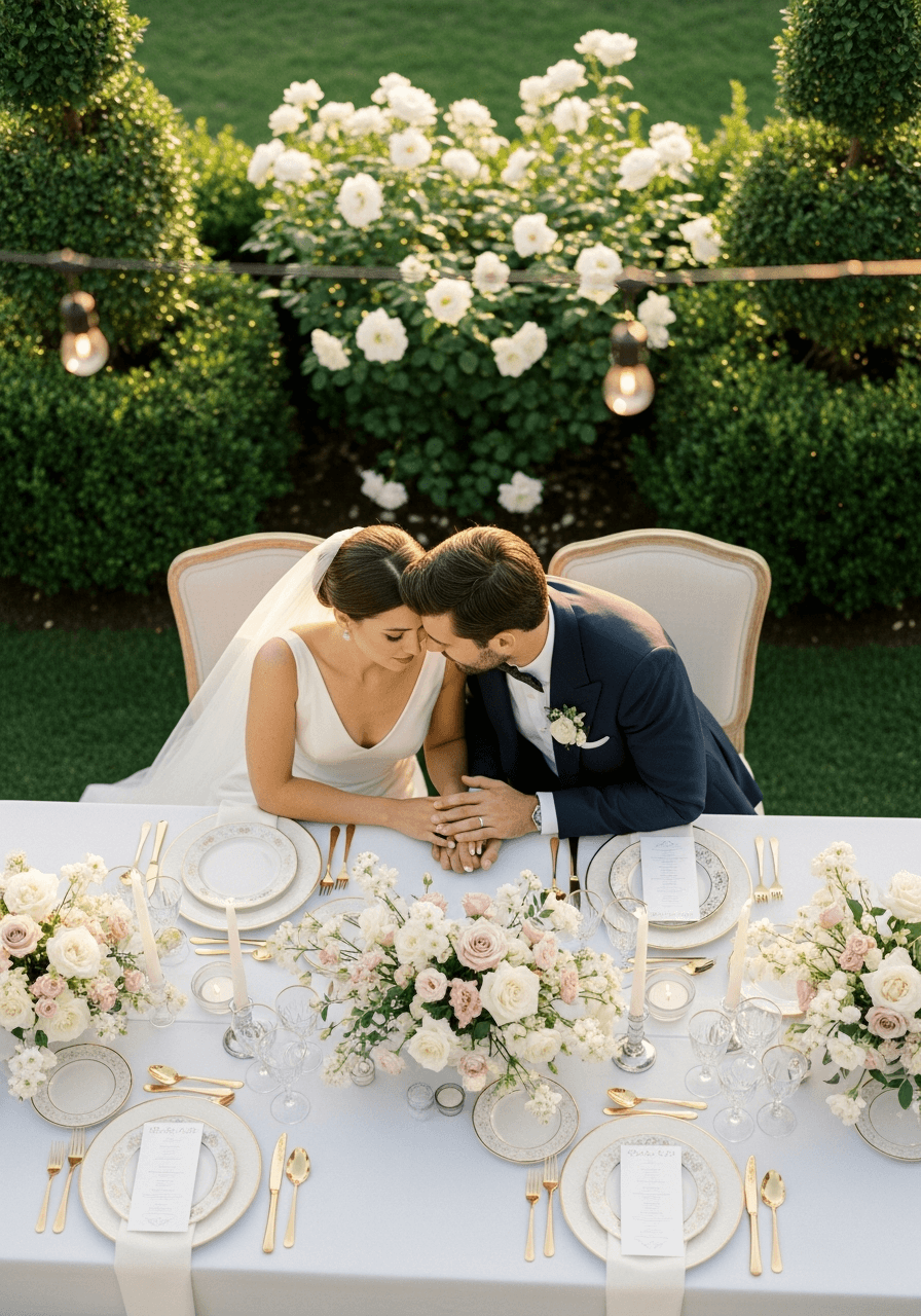 Overhead view of romantic couple sharing golden hour moment at sophisticated outdoor wedding reception