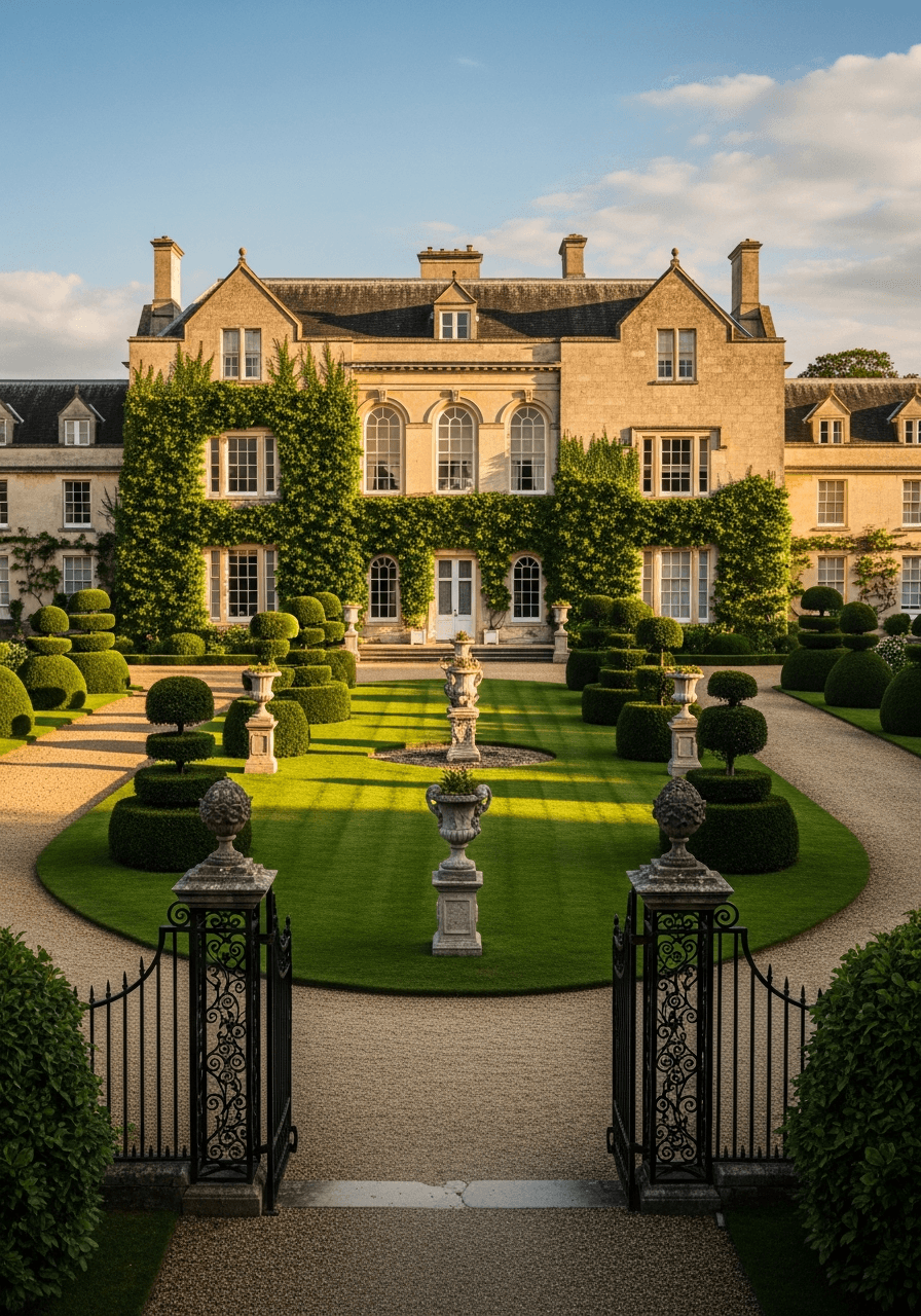 Grand estate mansion with ivy-covered stone walls overlooking manicured gardens with vintage topiary sculptures during golden hour