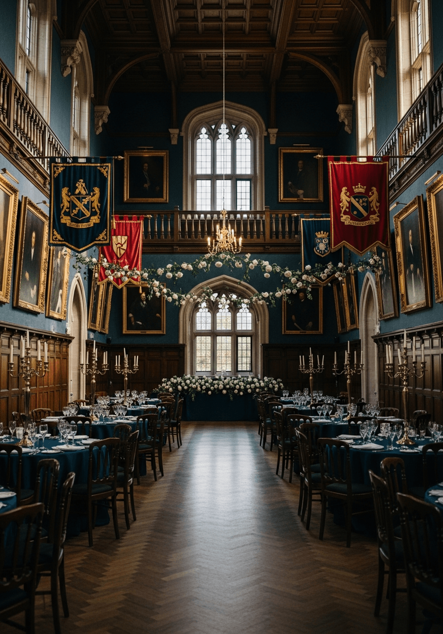 Grand estate reception hall decorated with family crest banners and ancestral portraits in ornate gold frames with warm lighting