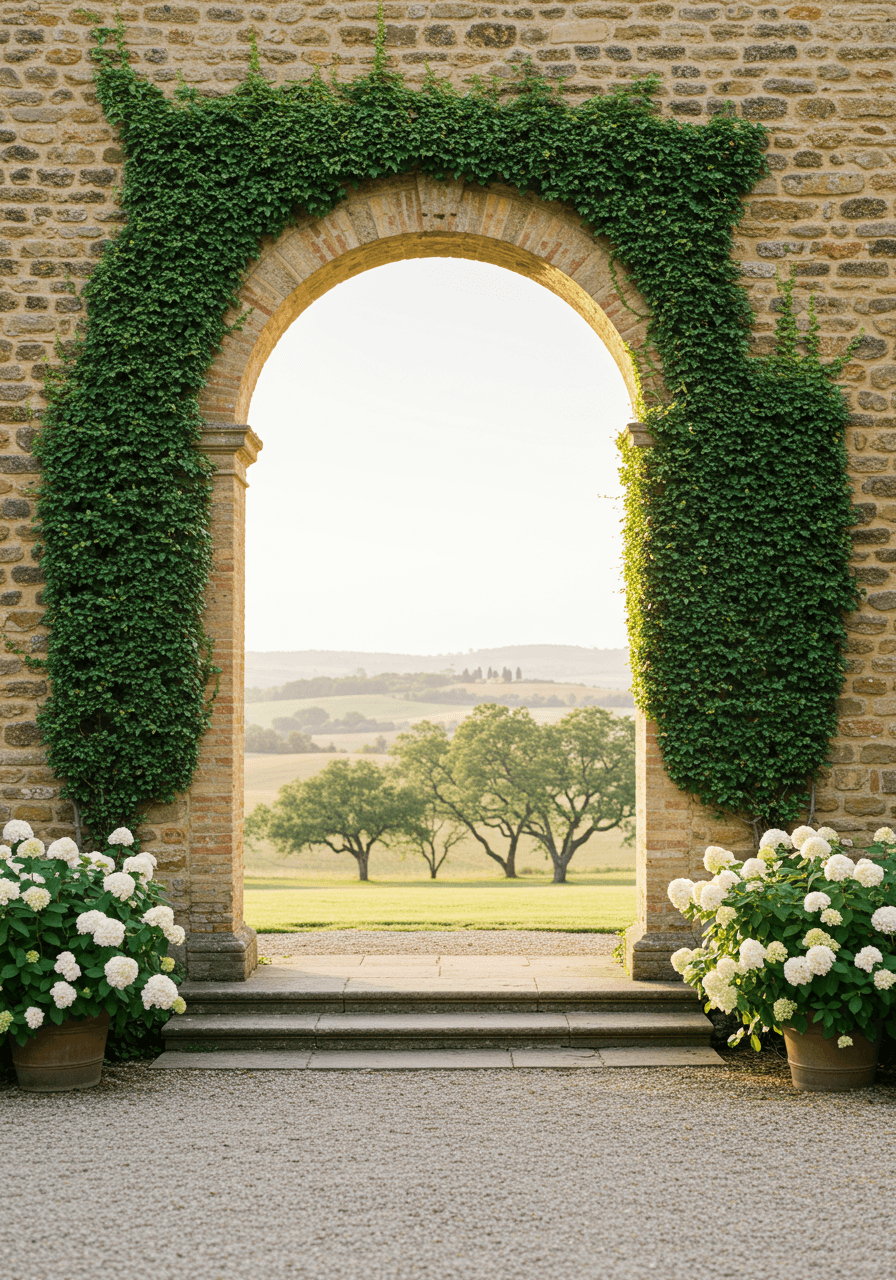 Grand stone archway with ivy-covered limestone walls framing countryside hills and oak trees as wedding ceremony backdrop