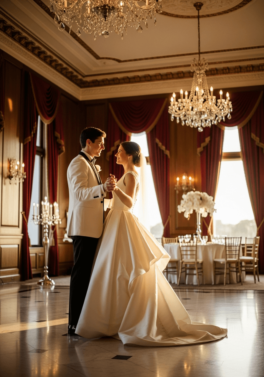 Close portrait of couple in formal attire sharing intimate dance moment in sophisticated ballroom setting