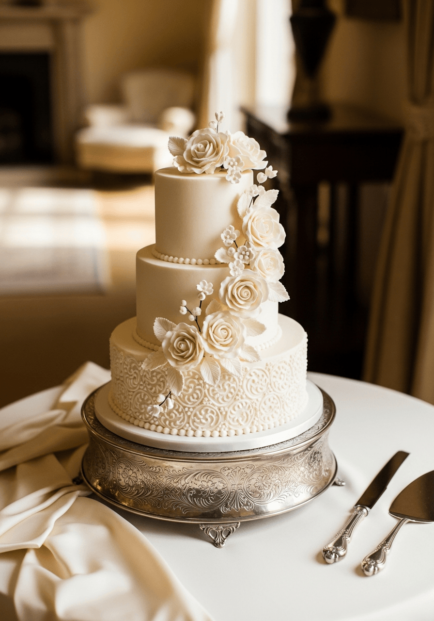 Ornate three-tier wedding cake with cascading ivory sugar flowers and cream buttercream on antique silver pedestal in elegant manor room