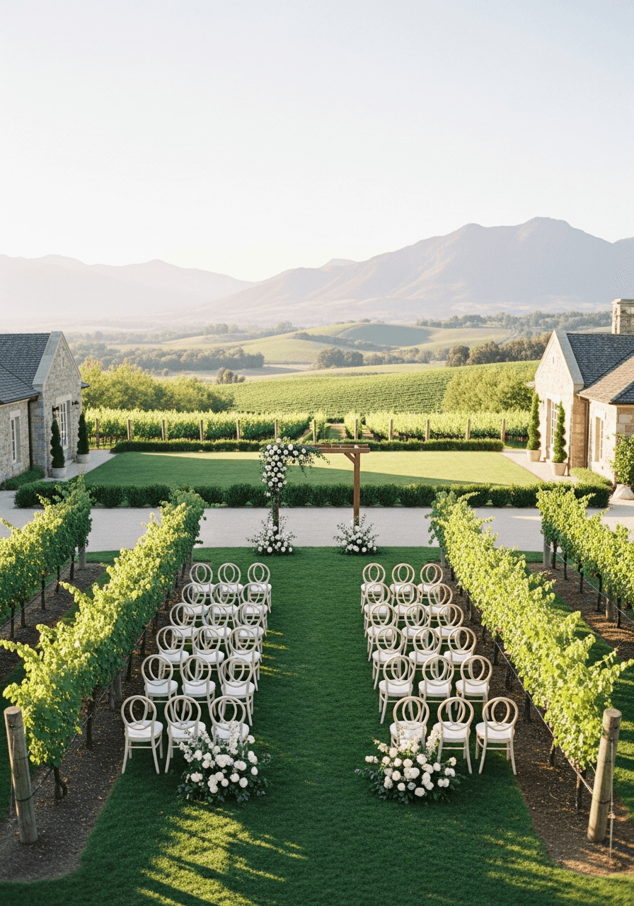 Elegant outdoor wedding ceremony setup between vineyard rows with wooden arch and cream chairs at classic estate during golden hour