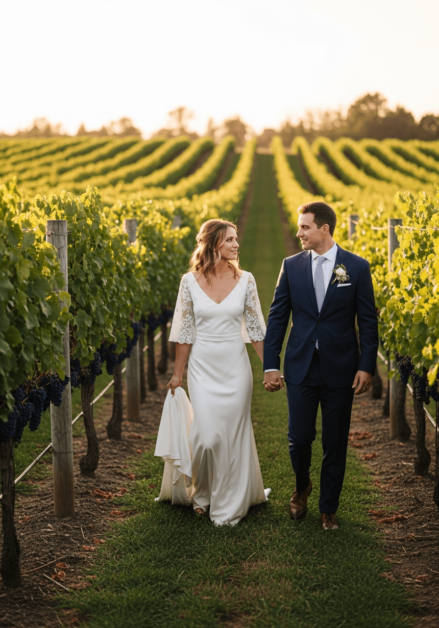 Bride and groom walking hand in hand through vineyard rows at sprawling estate during romantic golden hour lighting