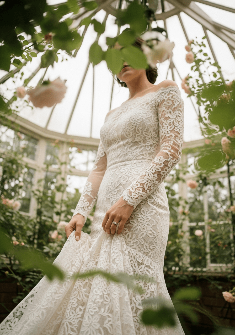 Detailed view of bride adjusting flowing train of vintage lace gown with intricate floral patterns in romantic garden setting