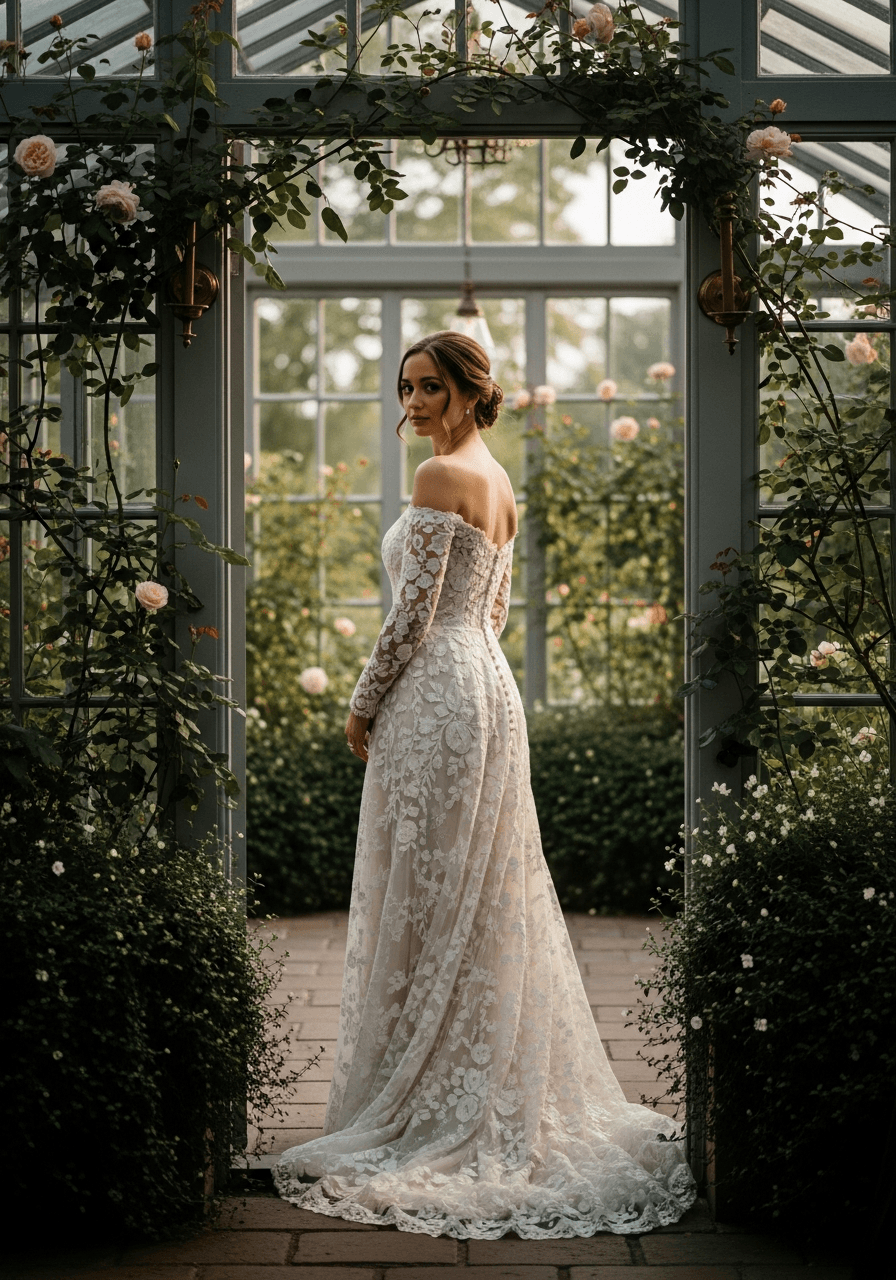 Bride in off-shoulder vintage lace wedding dress with long sleeves standing in sun-drenched conservatory filled with climbing roses