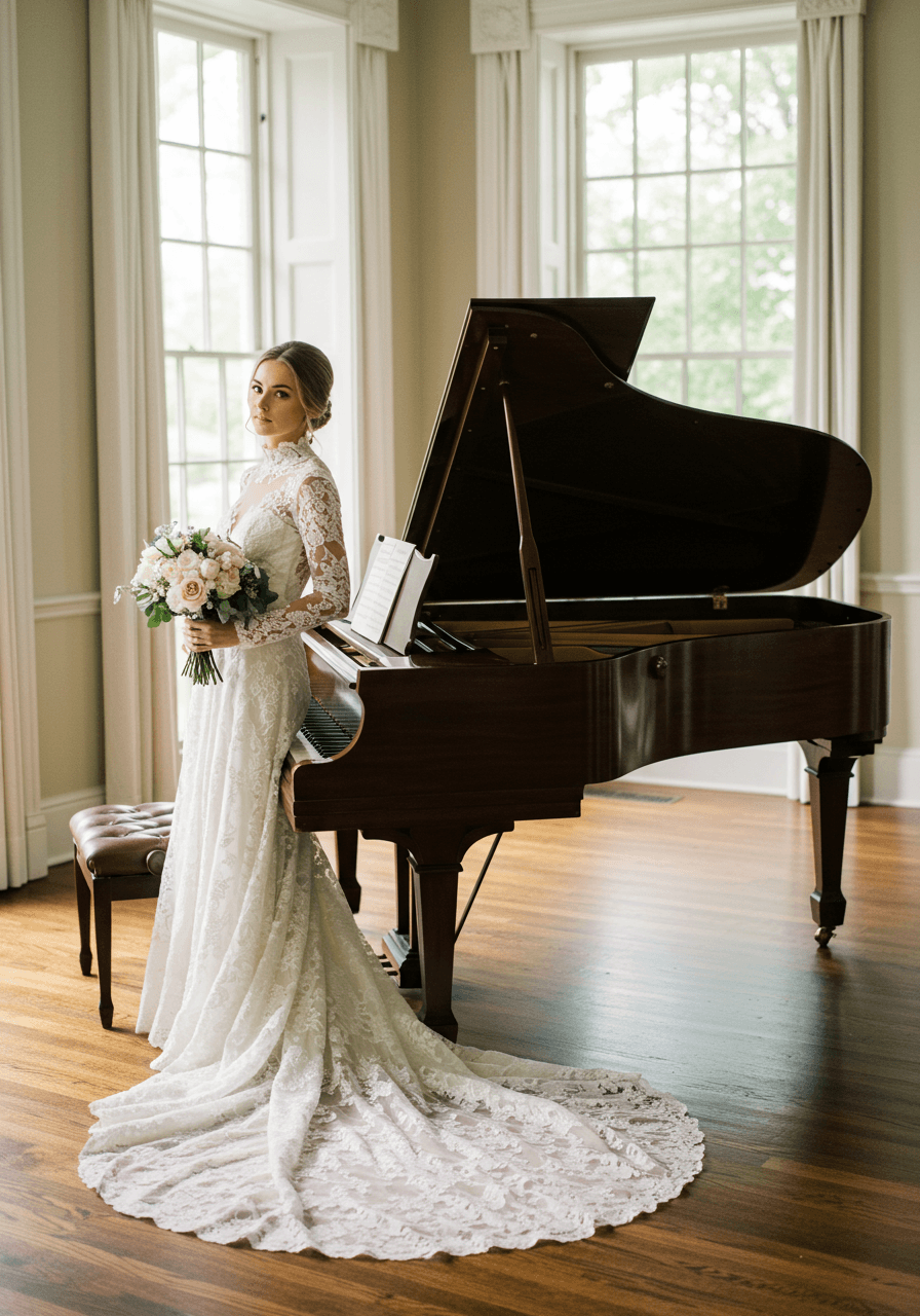 Elegant bride in vintage lace wedding gown with high neckline standing beside grand piano in ornate Victorian mansion parlour