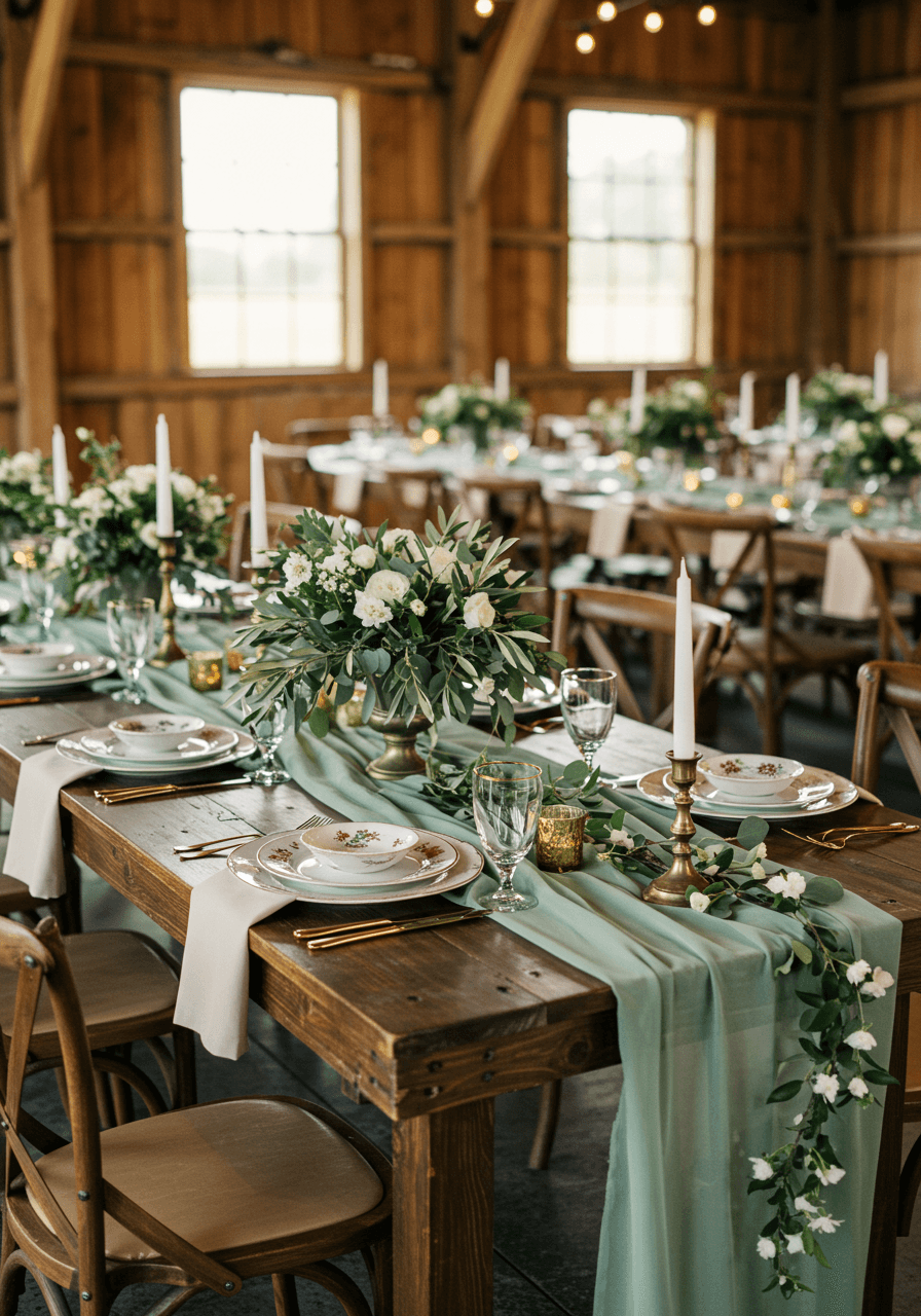 Establishing shot of rustic barn venue with sage green tablescape and wild greenery arrangements