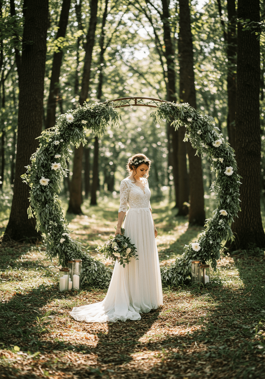 High angle view of bohemian bride under sage green floral arch surrounded by dappled forest light