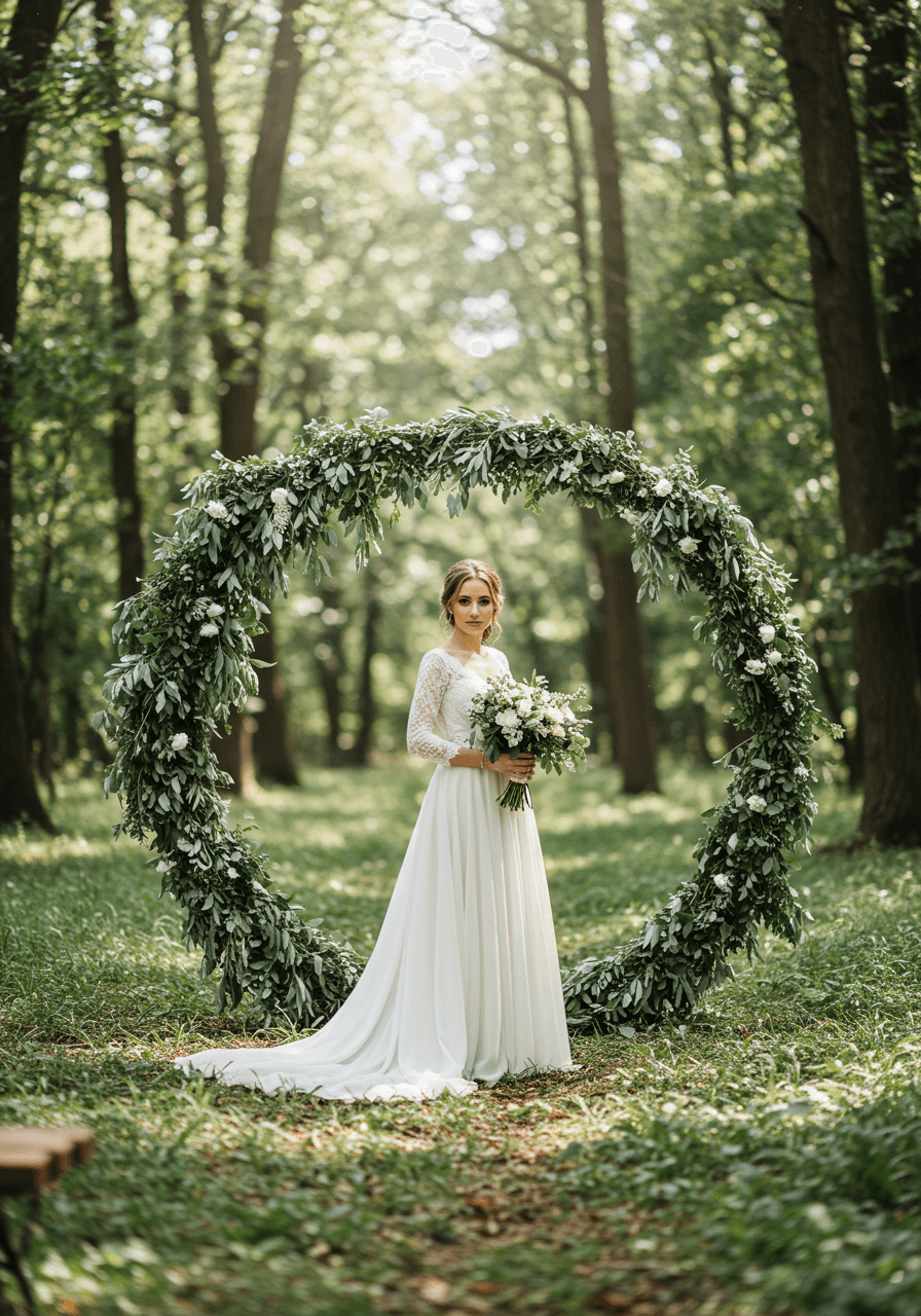 Bride beneath circular sage green arch with trailing greenery and white flowers in forest clearing