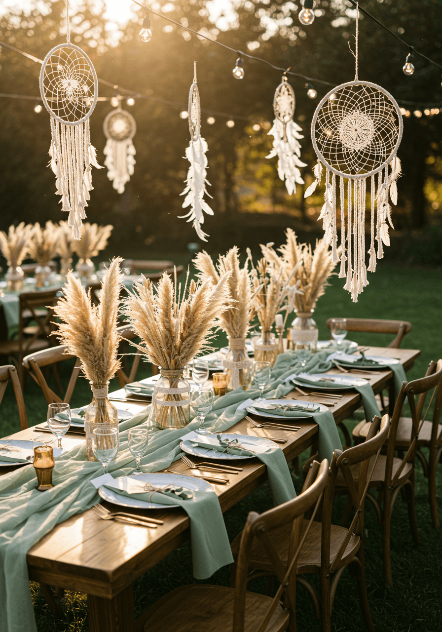 Wide shot of outdoor boho garden tablescape featuring sage green silk and natural jute rope details