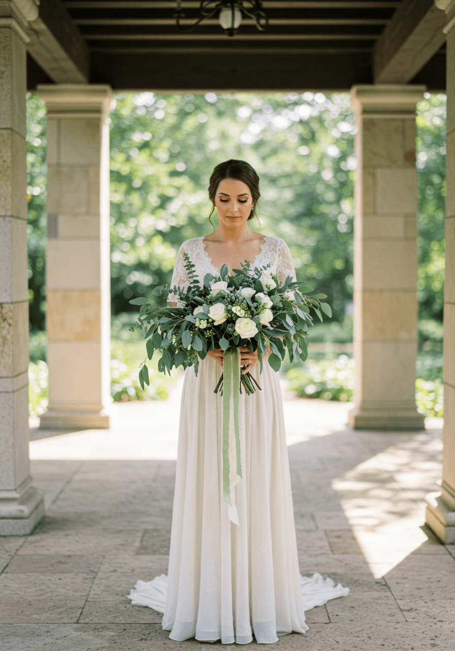 Bride holding organic sage green bouquet with white roses and eucalyptus in ivory bohemian dress at garden pavilion