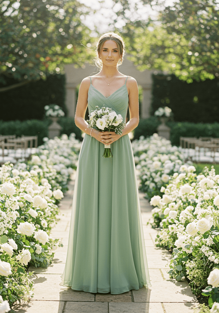 Bridesmaid in flowing sage green chiffon dress with spaghetti straps standing in garden with white roses
