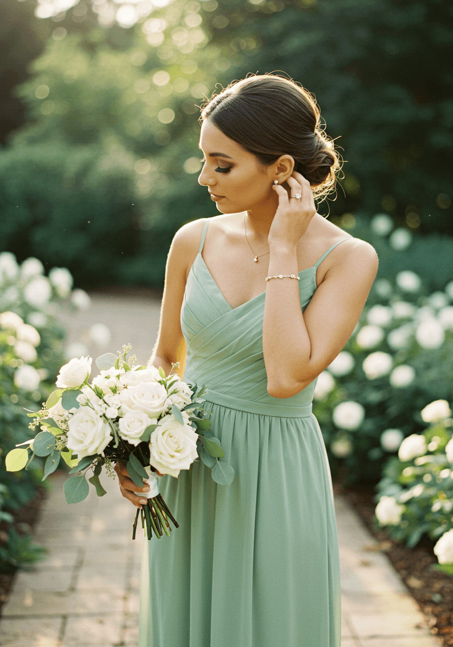 Full-body shot of bridesmaid in sage green A-line dress on stone pathway surrounded by eucalyptus and florals
