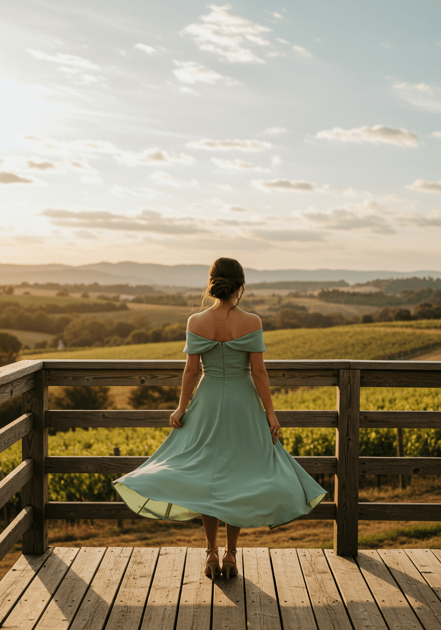 Bridesmaid twirling in sage green off-shoulder midi dress on wooden deck overlooking vineyard hills at sunset