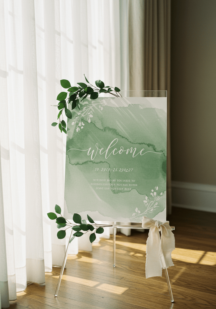 Minimalist sage green watercolour welcome sign with white calligraphy on acrylic stand in sunlit bridal suite