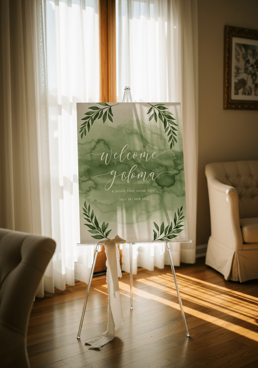 Angled view of elegant sage green welcome sign with eucalyptus leaf motifs and cream silk ribbon