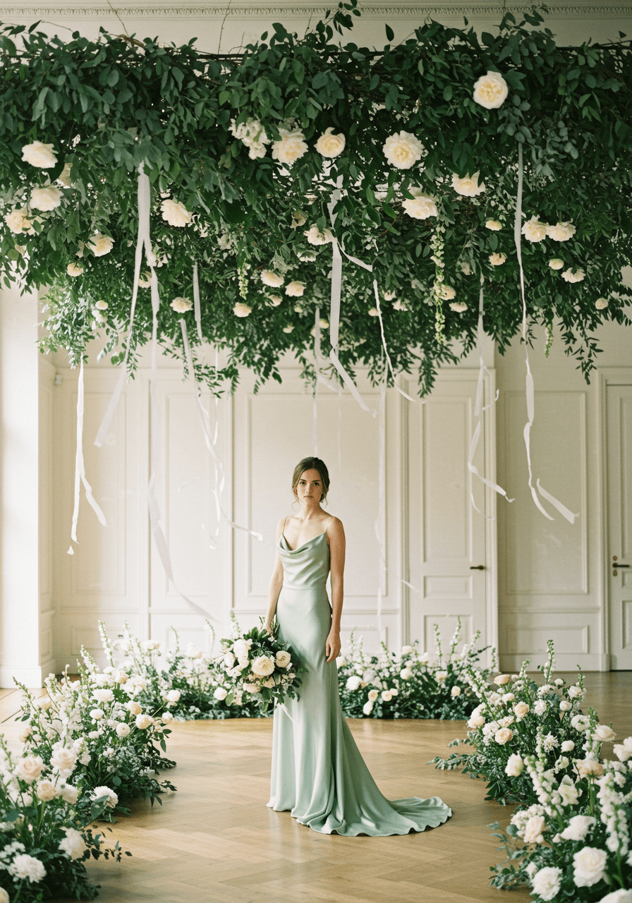 Bride in sage green silk dress beneath dramatic overhead floral installation of eucalyptus and white peonies in elegant ballroom
