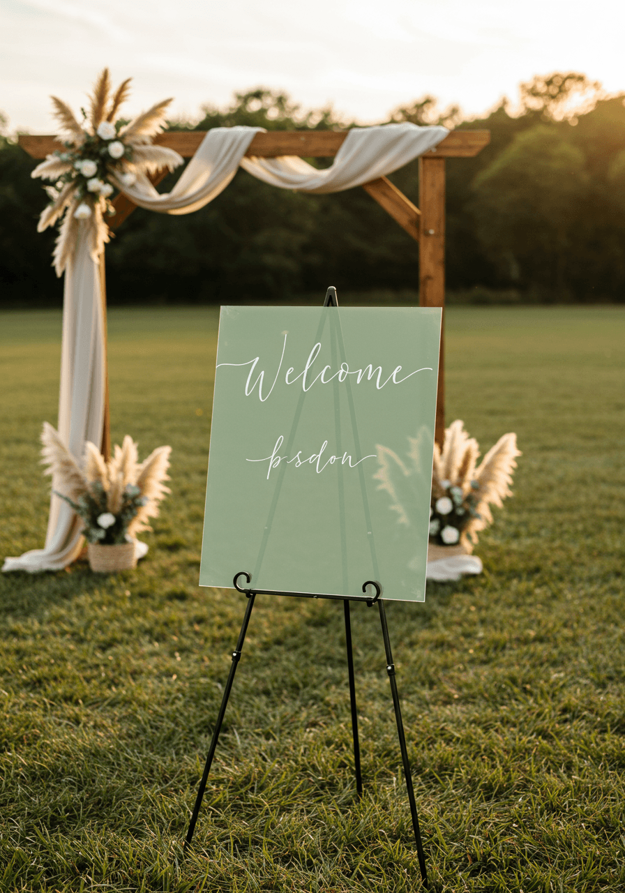 Close-up detail of translucent sage green acrylic signage with modern typography