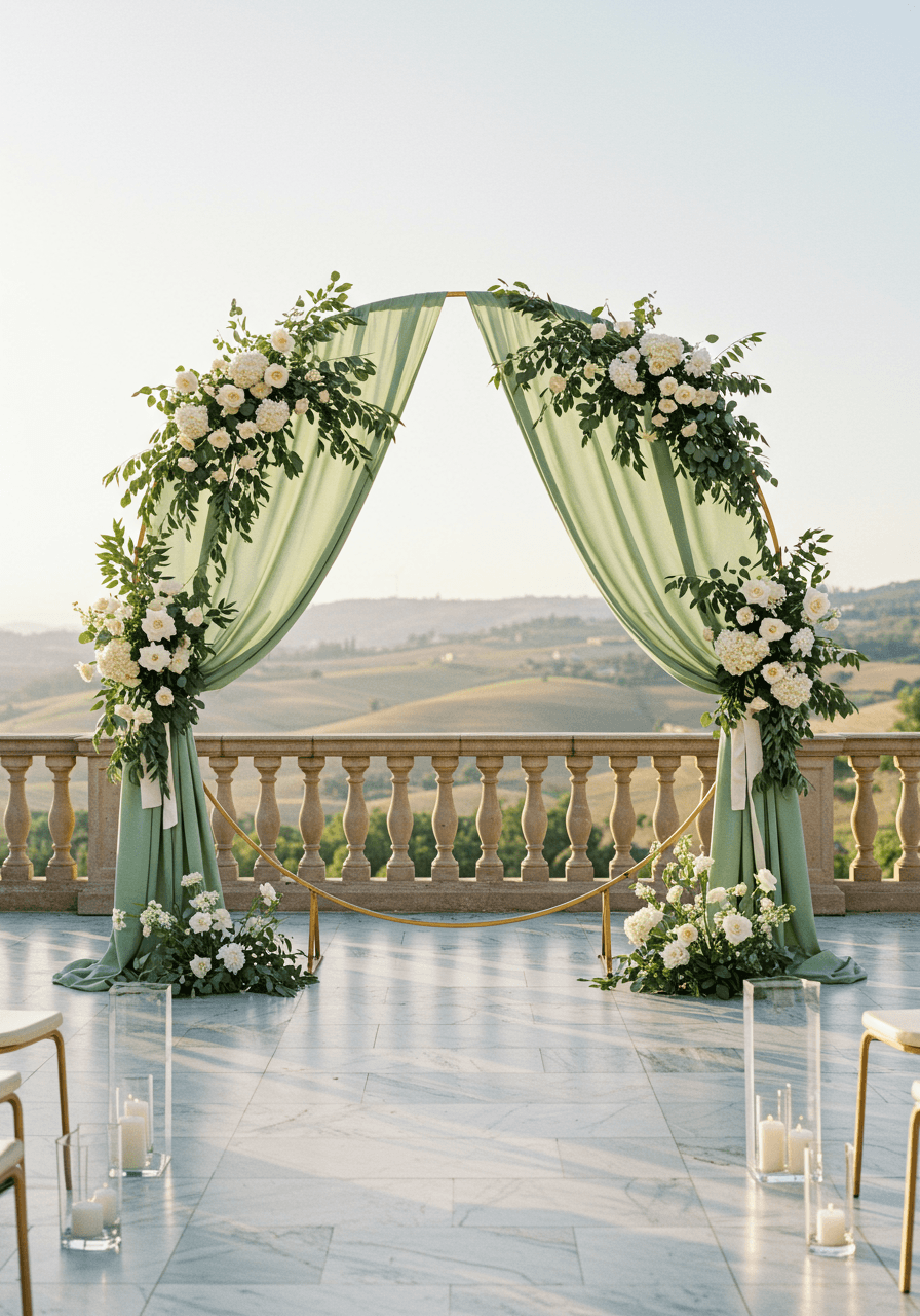 Golden hour view of elegant sage green ceremony arch with white florals overlooking rolling hills