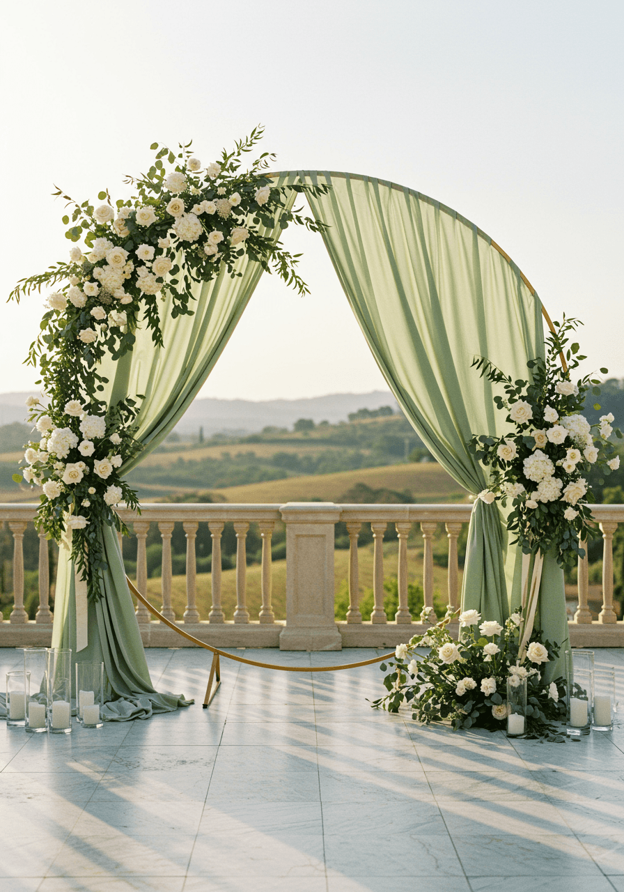 Ornate circular sage green backdrop with cascading silk and asymmetrical florals on marble terrace