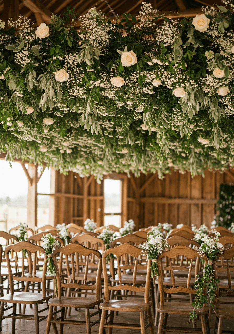 Expansive suspended floral ceiling installation of sage green foliage and white roses over vintage wooden chairs in rustic barn