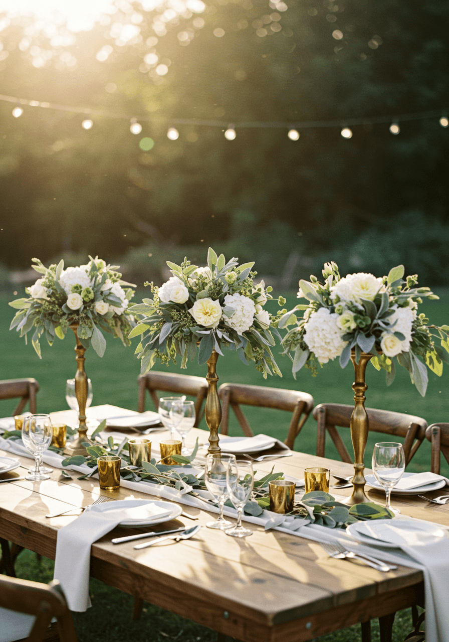 Three varying height sage green and white floral centrepieces arranged on rustic wooden farm table at golden hour