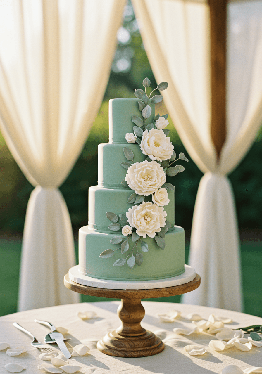 Sage green tiered cake with cascading white sugar flowers and eucalyptus in garden pavilion during golden hour