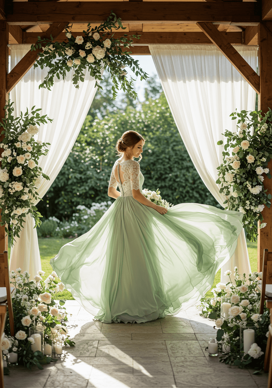 Sage green chiffon gown with lace sleeves in sunlit garden pavilion surrounded by eucalyptus and roses