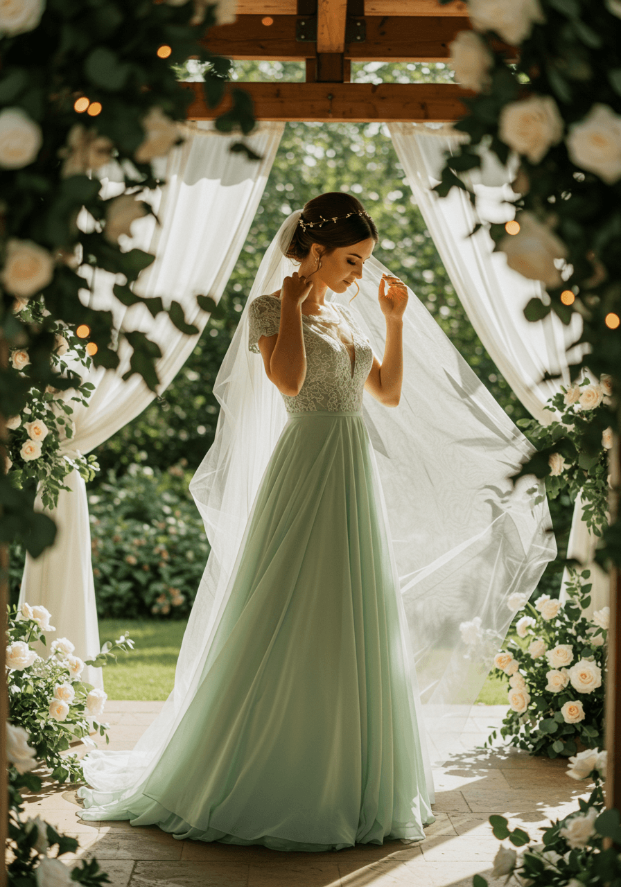 Bride adjusting veil in flowing sage green chiffon dress with natural light filtering through garden setting
