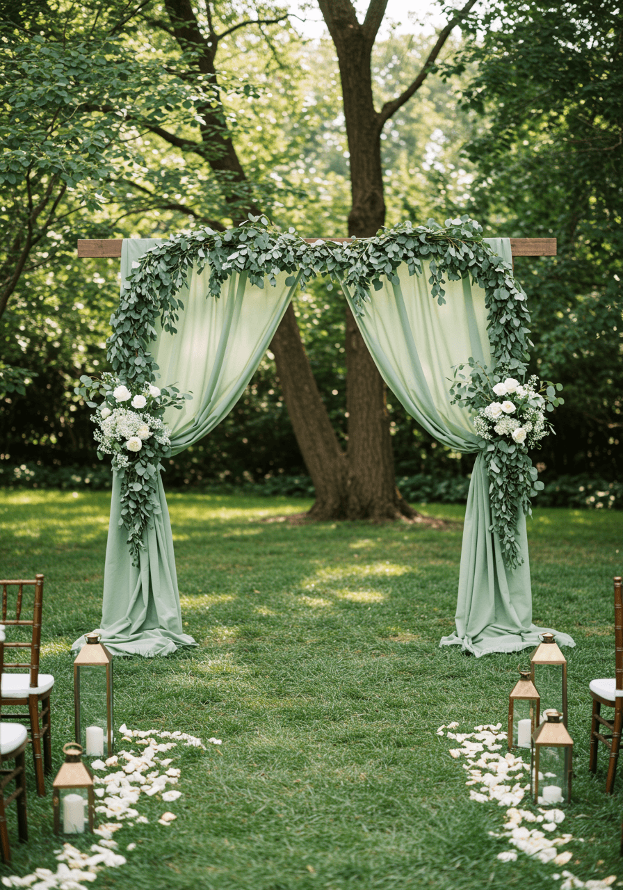 Sage green fabric panels and eucalyptus garlands creating elegant outdoor ceremony backdrop in garden setting
