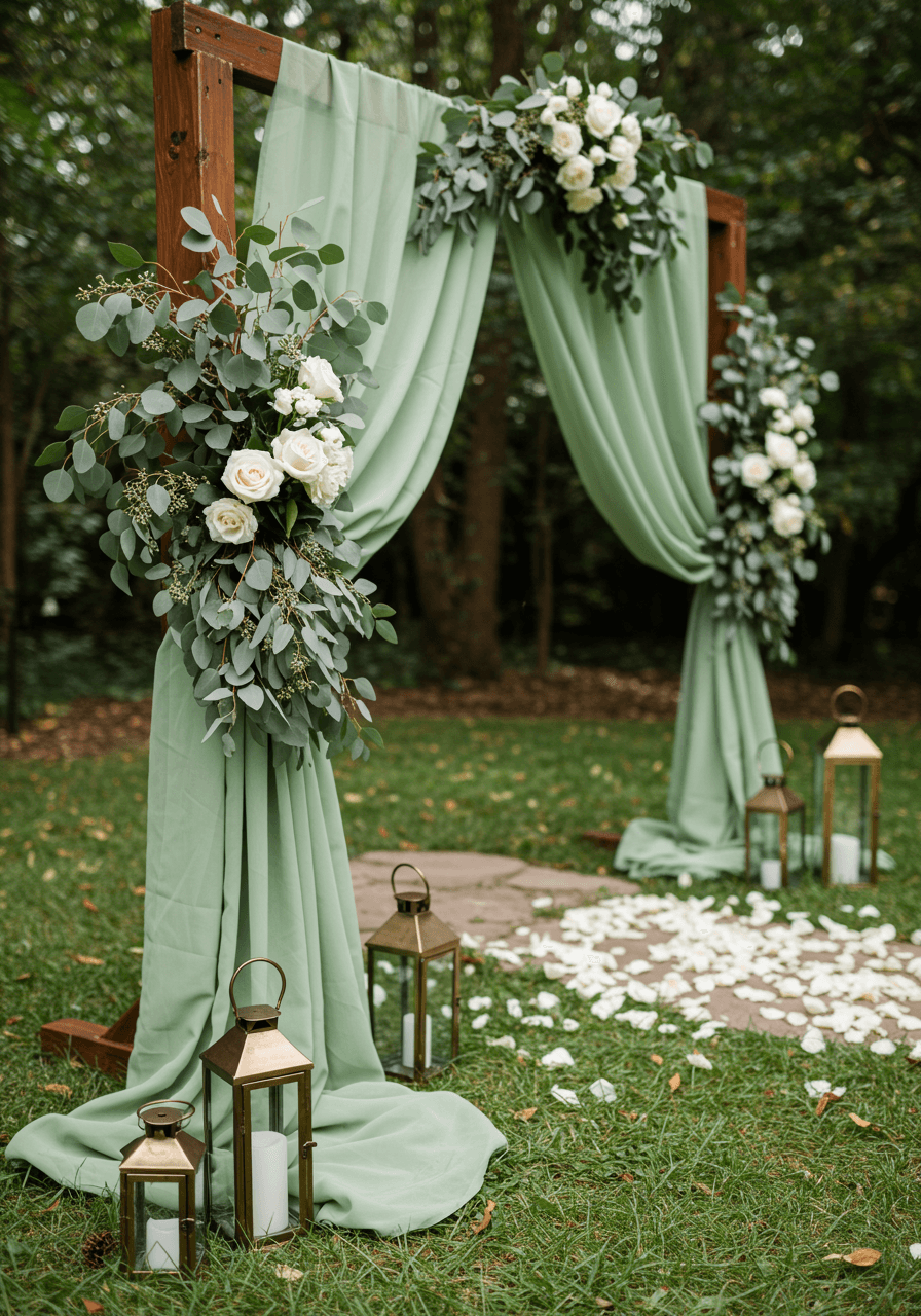 Detailed view of sage green chiffon draping with white roses and eucalyptus on rustic wooden altar