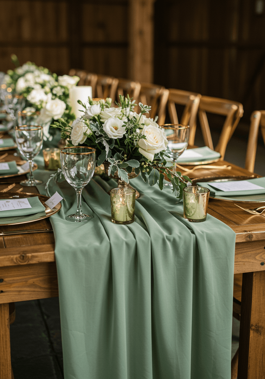 Sage green silk table runner with gold-rimmed glassware and white rose centrepieces on rustic farmhouse table