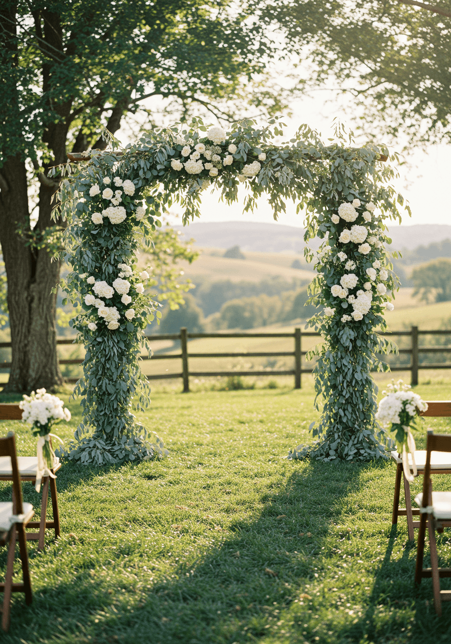 Natural sage green floral arch with eucalyptus branches and white blooms in outdoor garden with rolling hills