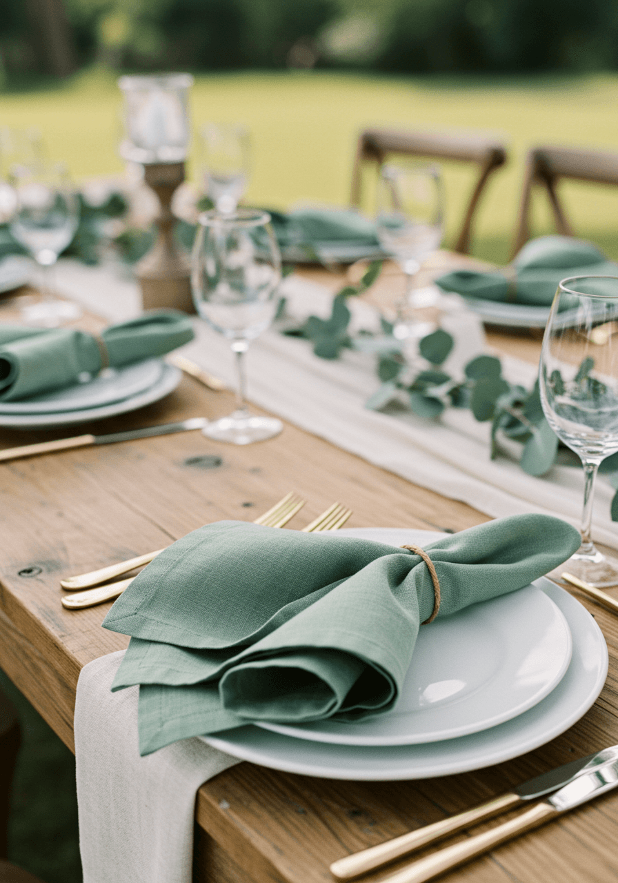 Sage green linen napkins folded into elegant fan shapes on white porcelain plates at rustic outdoor wedding