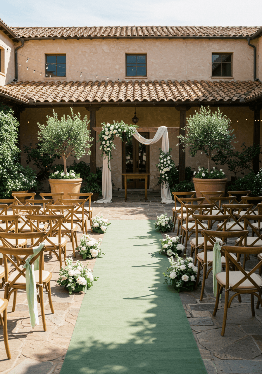 Outdoor courtyard ceremony with sage green aisle runner and wooden chairs surrounded by potted olive trees