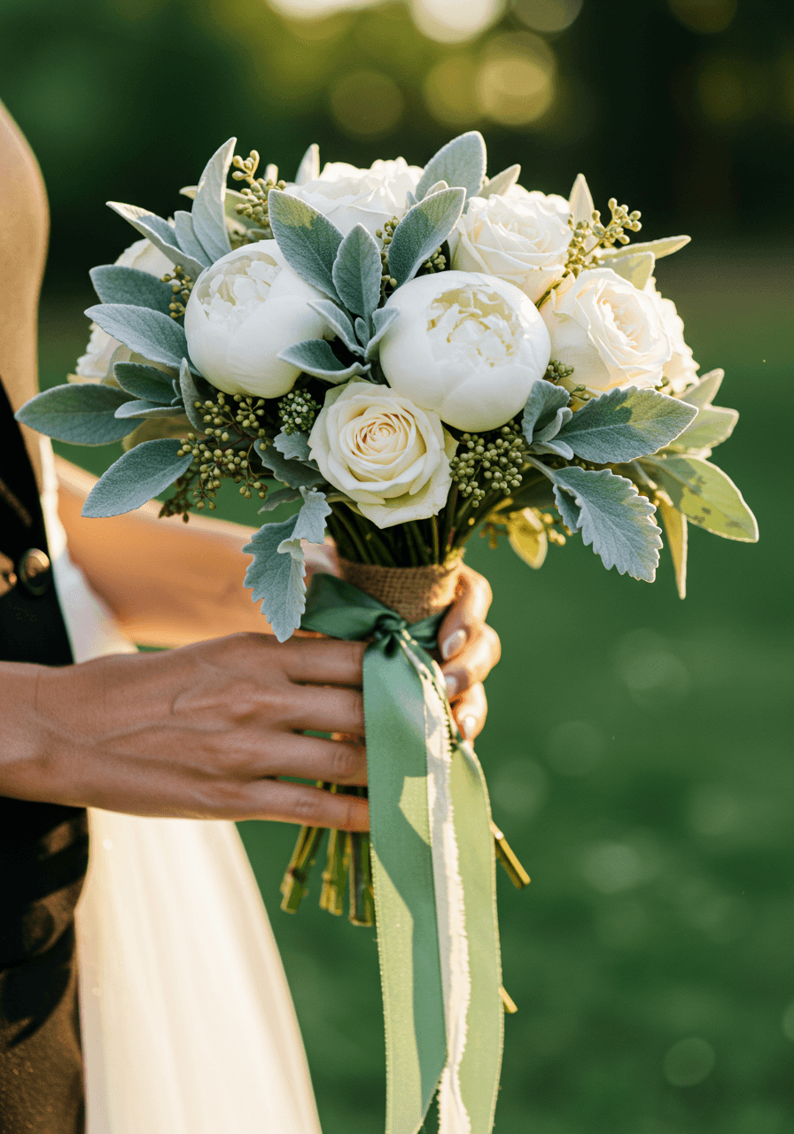 Hands cradling sage green bouquet with white peonies, eucalyptus, and burlap wrap during golden hour light