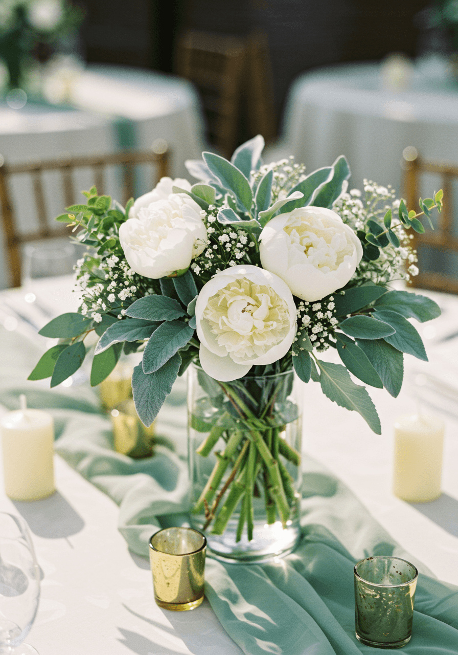 Sage green centrepiece with white peonies and eucalyptus in clear glass cylinder vase on white linen