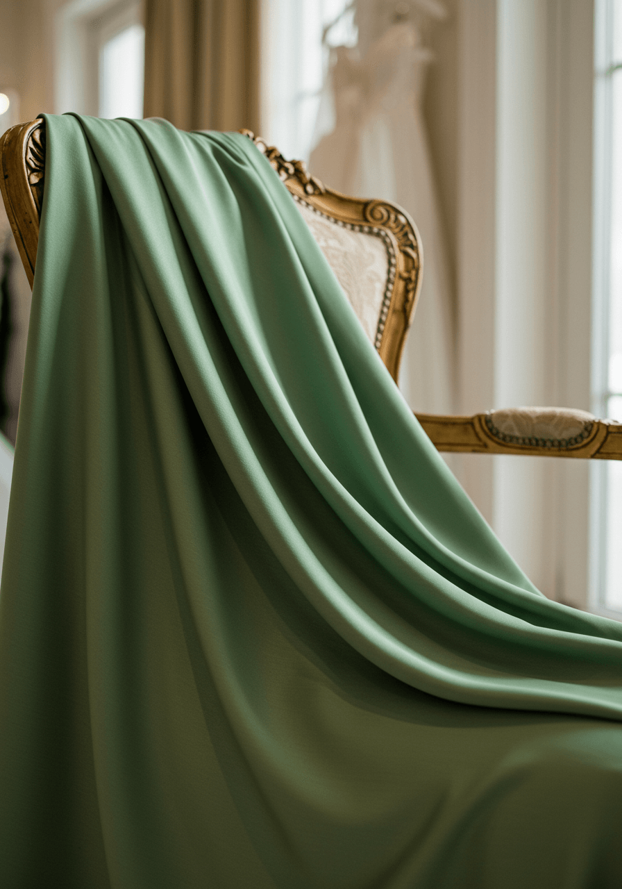 Elegant sage green silk fabric draped over ornate vintage chair in bright bridal boutique with natural window light