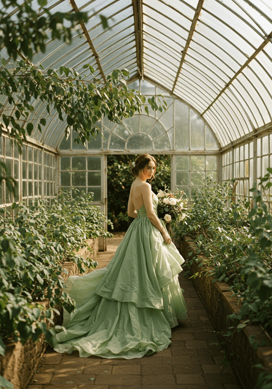 Bride in flowing sage green silk gown with textured layers in sunlit garden conservatory