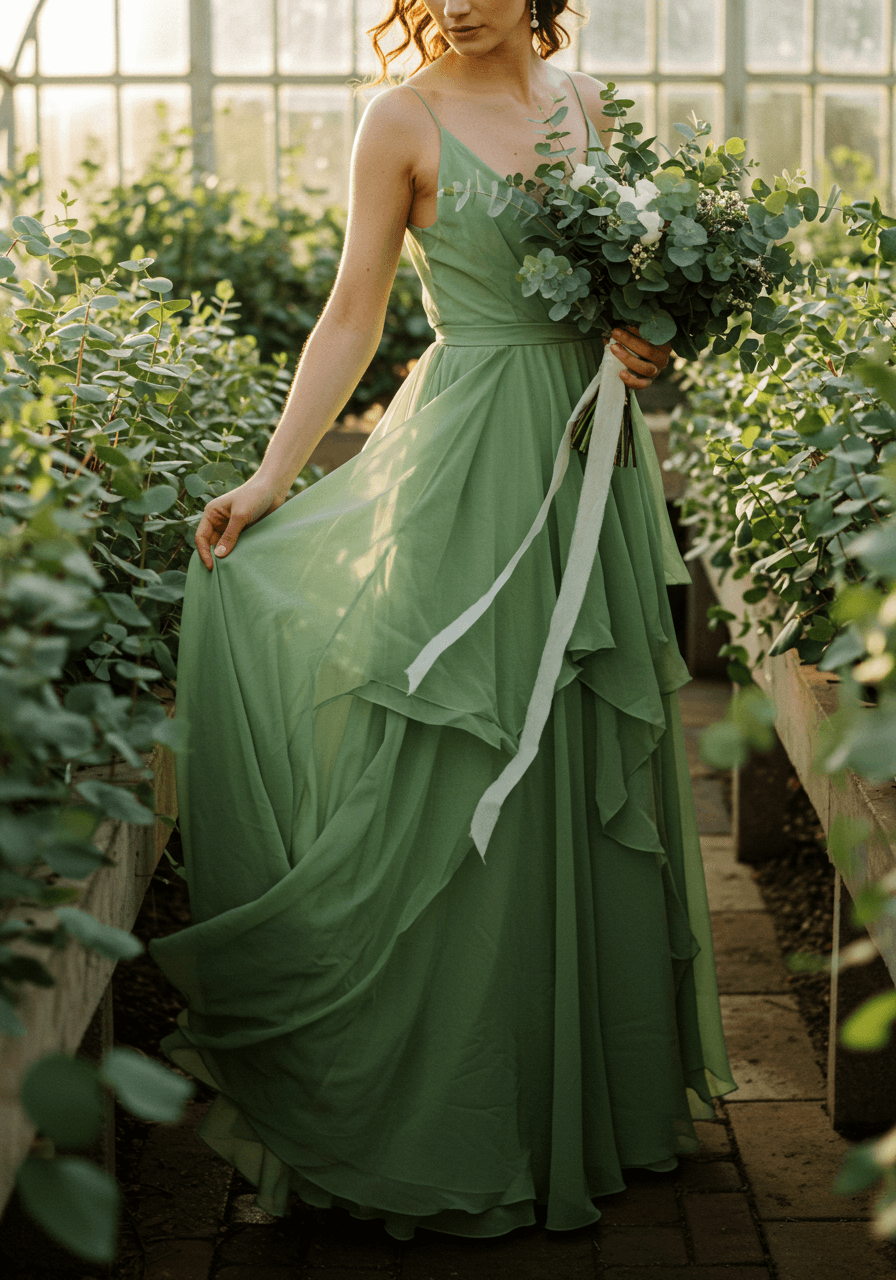 Close-up portrait of bride wearing sage green silk gown surrounded by eucalyptus in glass conservatory