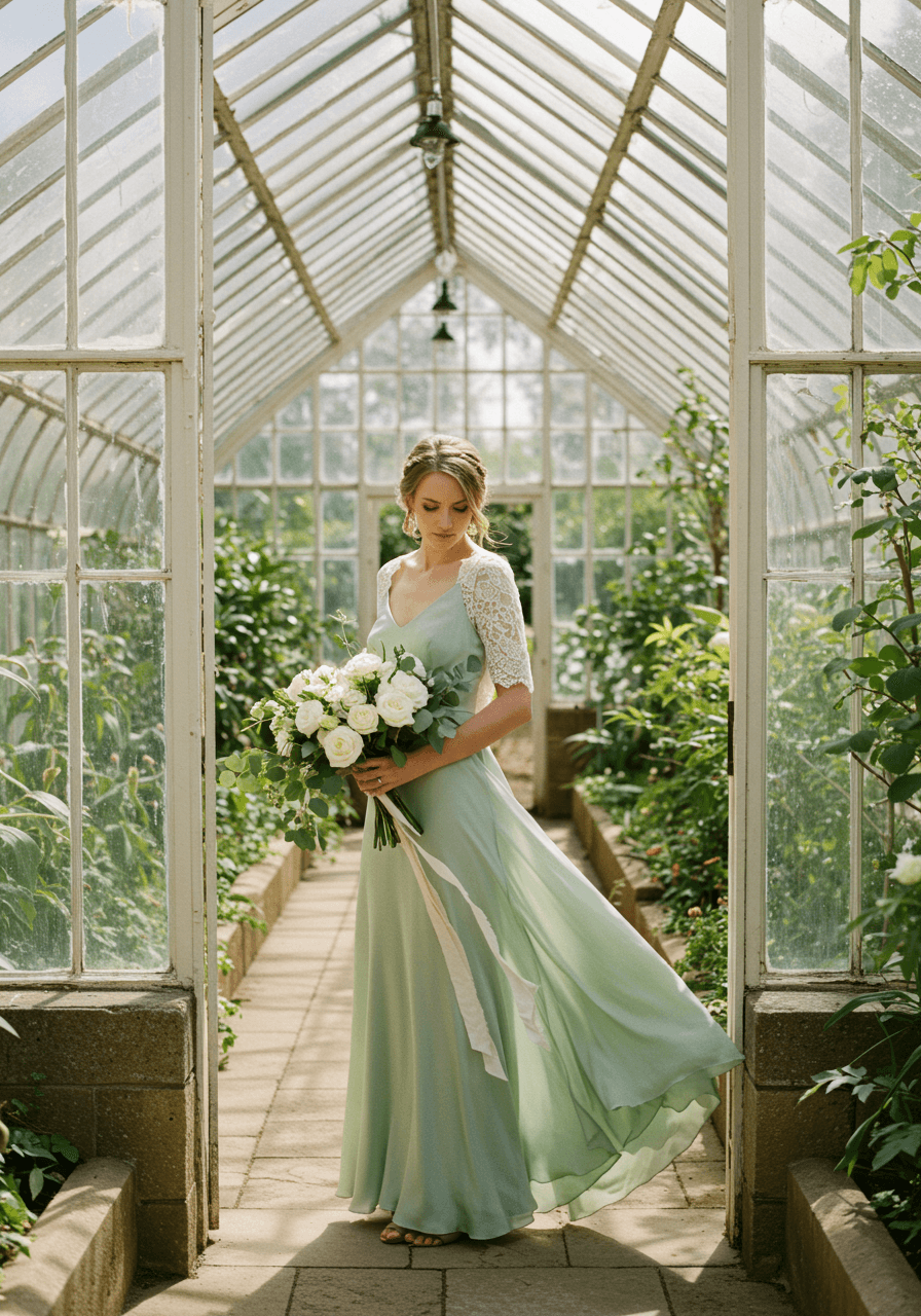 Bride in flowing sage green silk gown with delicate lace sleeves holding white roses in sunlit conservatory
