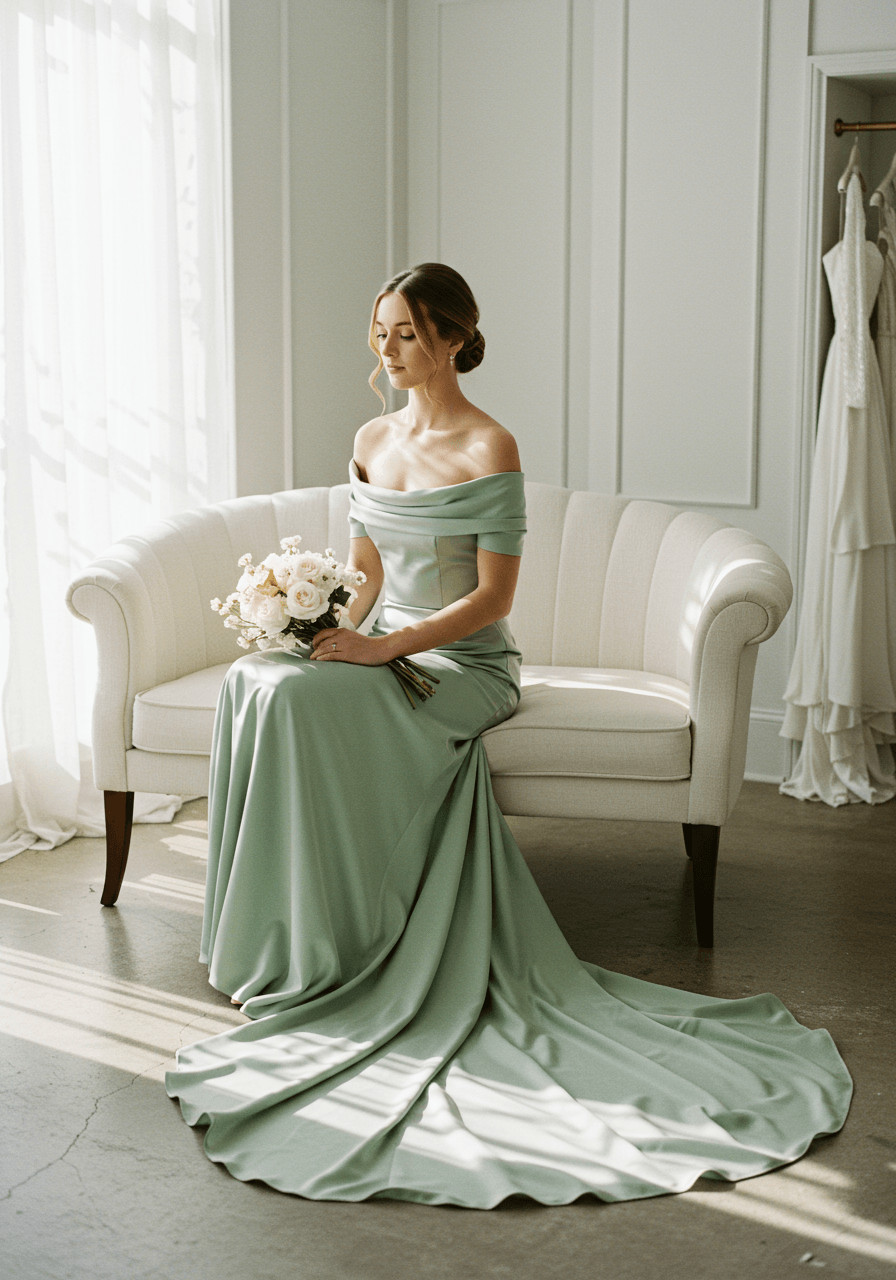 Detail of sage green silk wedding dress featuring pearl buttons and elegant shoulder draping