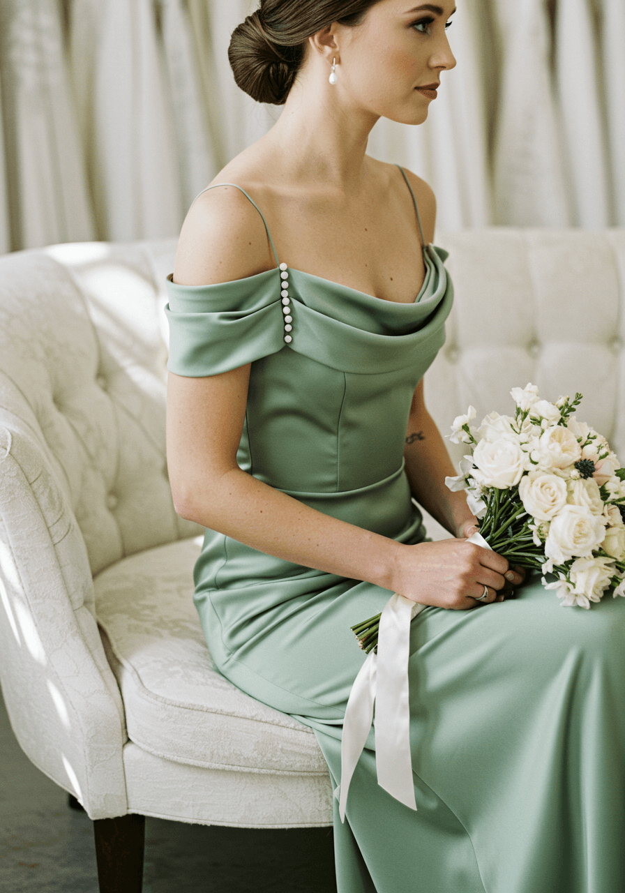 Off-shoulder sage green silk gown with minimalist draping on cream velvet settee in bright boutique