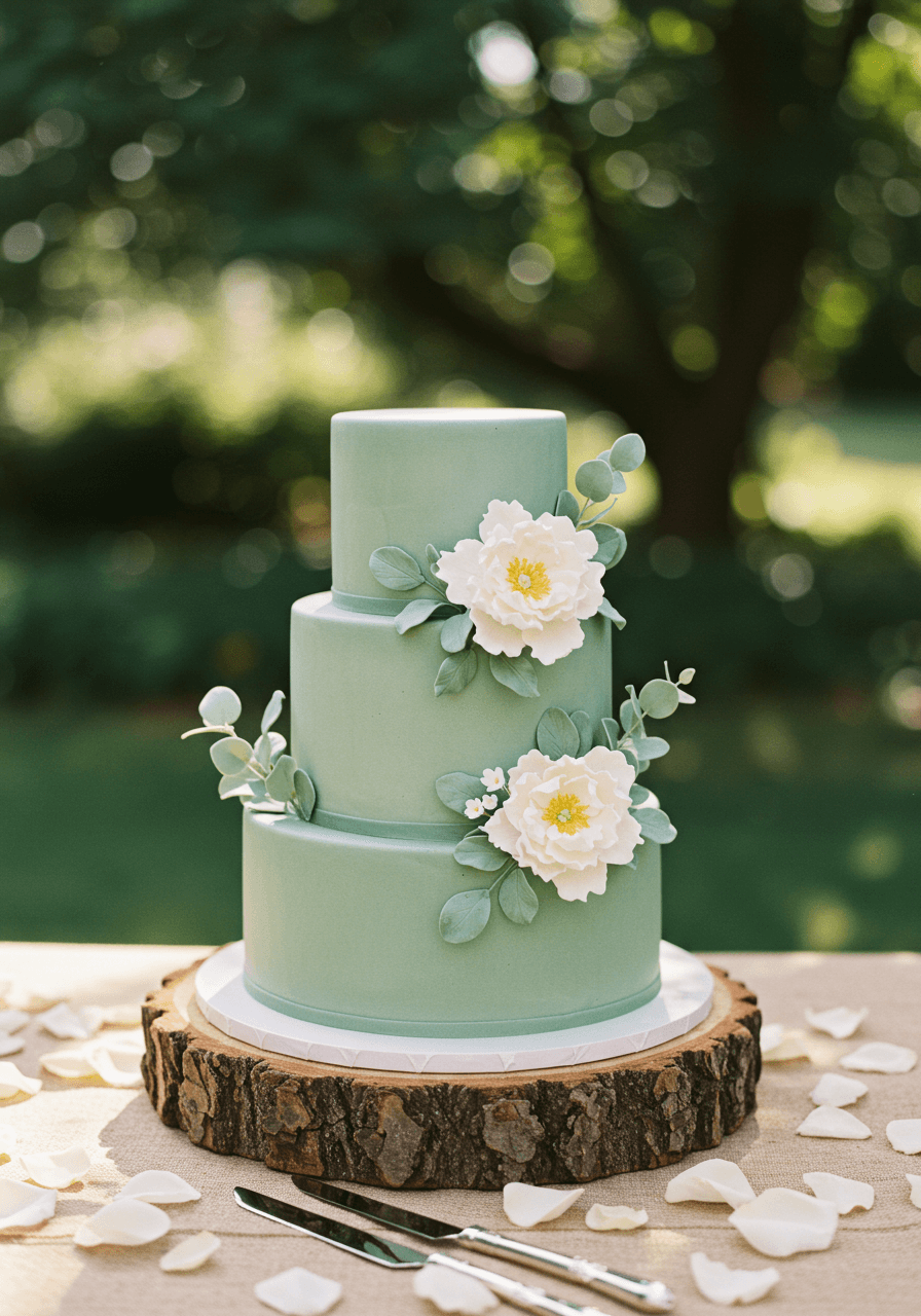 Three-tiered sage green cake with sugar flowers and eucalyptus on wooden stand in rustic garden