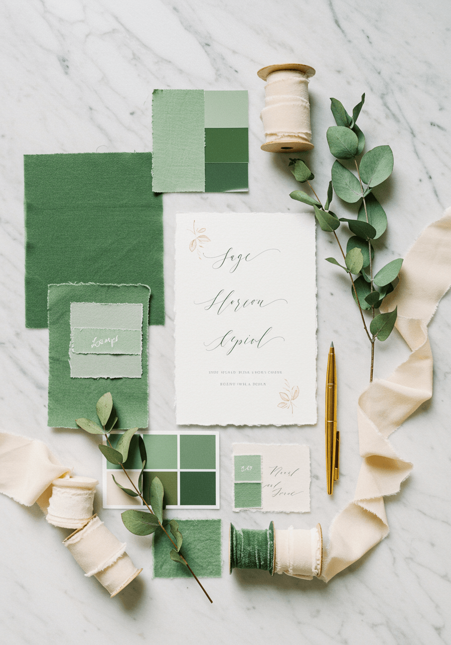 Overhead flat lay of sage green wedding palette with fabric swatches, eucalyptus leaves, and cream ribbon on white marble