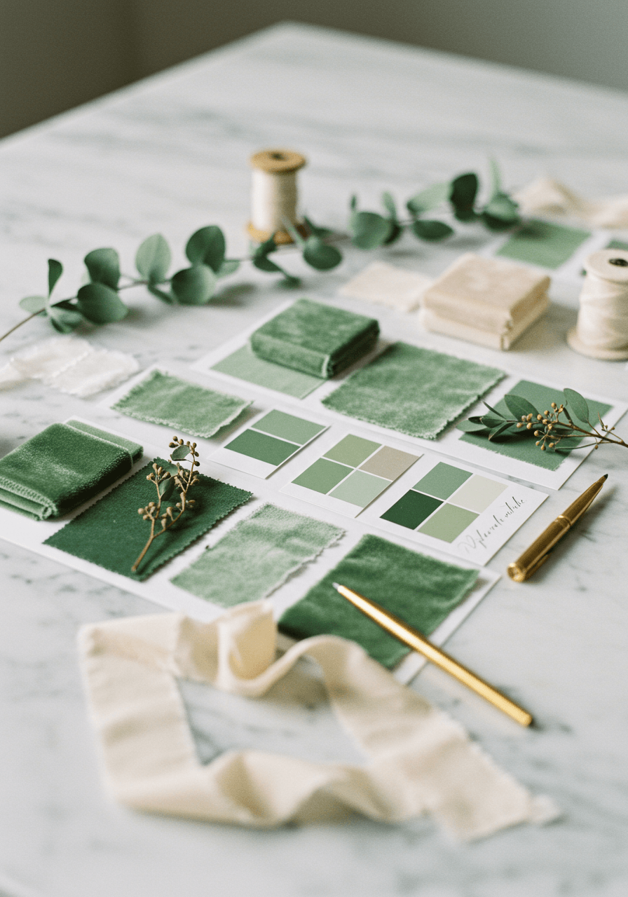 Detailed view of sage green wedding colour palette showcasing matte cotton, silk, and velvet textures with dried eucalyptus